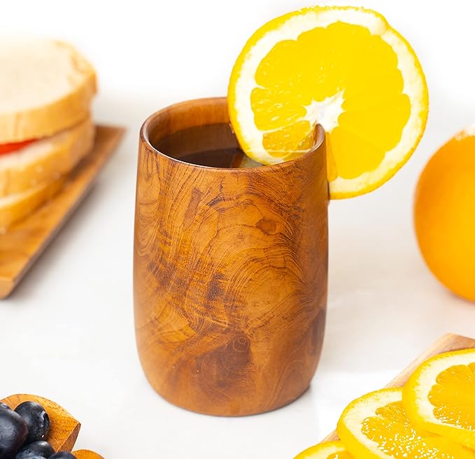 Rainforest Bowls Set of 4 Small Rounded Javanese Teak Wood Cup- 225ml (7.6 oz)- Great for Tea/Coffee/Milk, Hot & Cold Drinks- Ultra-Durable- Premium Wooden Cup Handcrafted by Indonesian Artisans