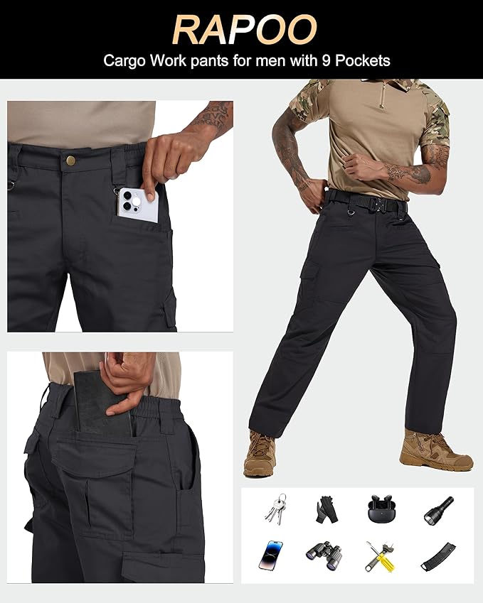 Rapoo Ripstop Water Resistant Cargo Tactical Pants for Men EDC Hiking Work Military Army Pants with 9 Pockets