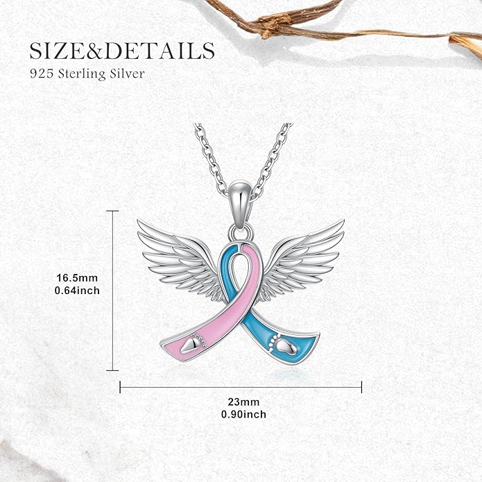 AOBOCO Miscarriage Gifts for Mothers 925 Sterling Silver Blue and Pink Ribbon Angel Wing Pendant Pregnancy Loss Awareness Sympathy Necklace Memorial Gift for Mom