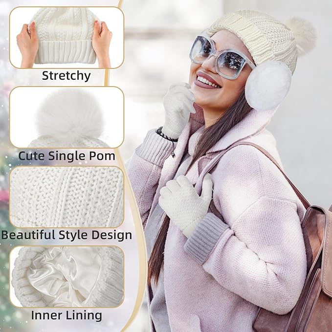 SATINIOR 5 Pcs Winter Satin Lined Hat Scarf Gloves Set Knit Pompom Beanie Warm Touchscreen Glove Earmuff Ear Warmer for Women
