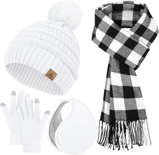 Winter Hat Scarf Gloves and Ear Warmer, Knit Warm Beanie Hat Touch Screen Gloves Long Knitted Plaid Scarf Set Gifts for Women