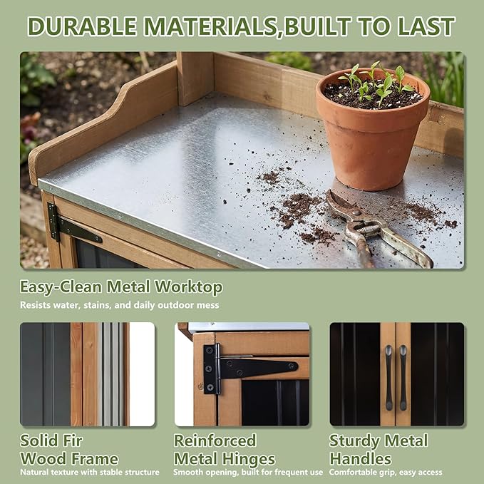 Ketive Outdoor Potting Bench with Storage, Potting Table with Metal Top, Garden Workstation Cabinet with Shelf, Rolling Outdoor Work Table for Backyard Patio Gardening