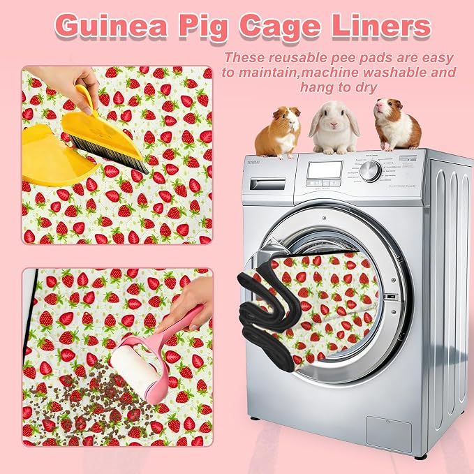 2 Pack Guinea Pig Cage Liners, 24"x 36" Washable Waterproof Bedding for Rabbit, Bunny, Hamster & Small Animals, Reusable Super Absorbent Pee Pads for C&C Cage, Strawberry Print