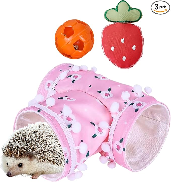 Hedgehog Cage Accessories Hideout Tunnel Small Animal, Tunnel and Bell Balls Toy set, Hedgehog Hideout with 2 pcs Toys, Small Animal Tubes for Hamster Guinea Pig Squirrel, Hedgehogs Accessories (Pink)