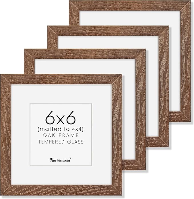 Solid White Oak Wood 6x6 Picture Frames with Stand for Wall & Tabletop Display, Rustic Real Glass, Matted to 4x4, Walnut, Set of 4