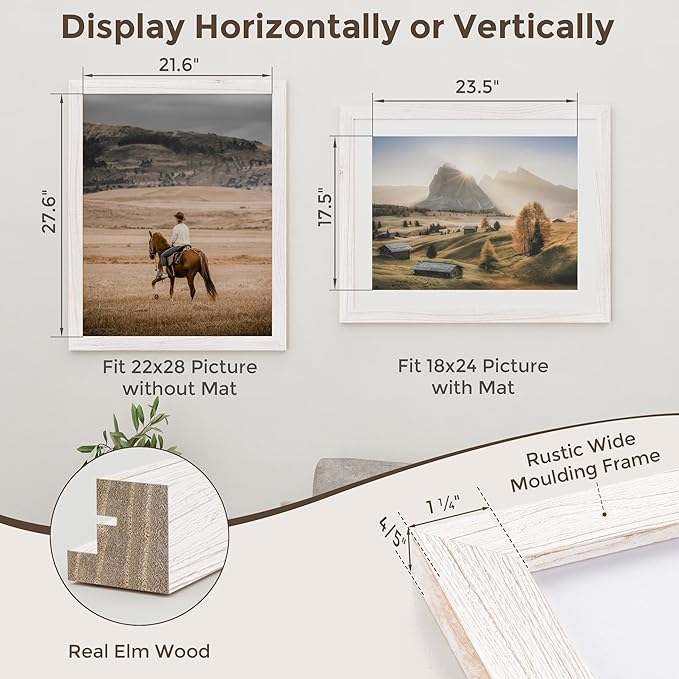 22x28 Picture Frame, Solid Elm Wood Picture Frame with Real Glass, Large Rustic Poster Frame 22"x28", matted to 18x24, 22 by 28 Wooden Frame for Vertical & Horizontal Wall Hanging, White, 1 Pack
