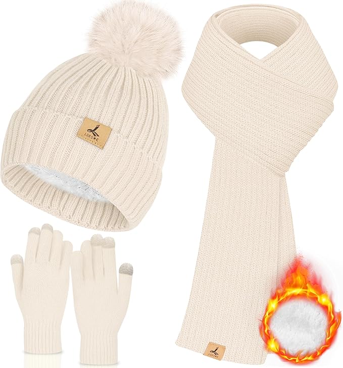 LOROME Women Winter Beanie Hat Scarf Gloves Set, Fleece Knitted Pompom Hat Warm Neck Scarf Touchscreen Gloves Winter Gift
