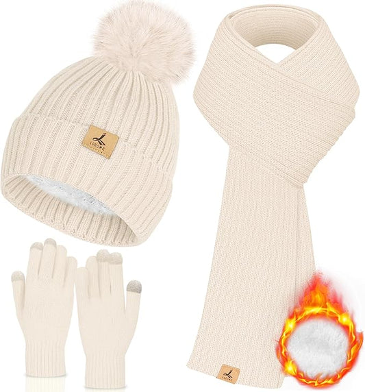 LOROME Women Winter Beanie Hat Scarf Gloves Set, Fleece Knitted Pompom Hat Warm Neck Scarf Touchscreen Gloves Winter Gift