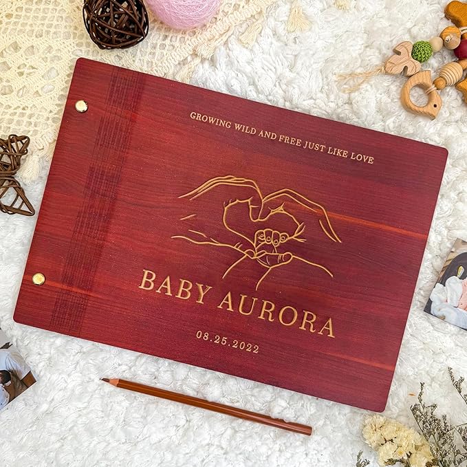 Personalized Baby Memory Book，Wooden Keepsake Baby Memory Book Boys & Girls，Wooden Baby Keepsake Book for Newborn Baby Gifts