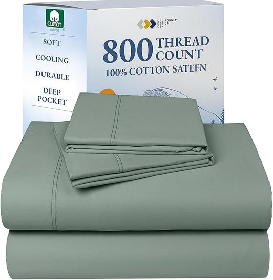 California Design Den King Size Sheet Set - Luxury Hotel 800 Thread Count Sateen, Natural 100% Cotton Bedsheets King Size Bed, Deep Pockets with Snug Fit, Durable Bedding Set - Sage Green