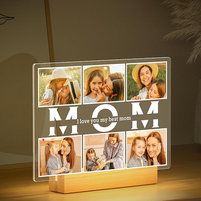 Personalized Birthday Gifts for Mom from Daughter Son, Custom Collage Picture Frames with Photos, Customized Photo Frame with Night Light, Personalized Christmas Gifts for Mom Kids Baby Family