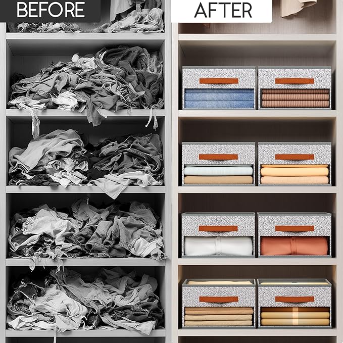 Drawer Organizers and Storage - 8 Pack Foldable Pants Organizer with Clear Window & Handles, Fabric Closet Organizer for Clothes, Jeans, Sweaters, Towels, T-shirt, Scarf (Ant Light Gray)