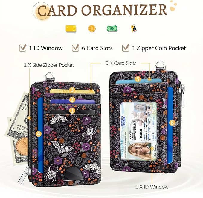 Kelvoris Credit Card Holder Small Wallet Women, Slim RFID, Bat Spider Goth | Keychain, Zipper Coin Pocket, Front Pocket Thin Travel Card Case, Minimalist, 6 Card Slots, 1 ID Window, Ladies Gifts Woman