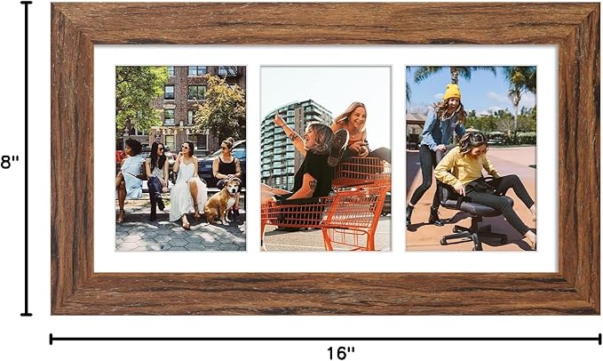 8x16 Picture Frame Display 3 opening Picture Frame 5x7 Collage,Multi Photo Frame with Mat,Plexiglass,Horizontal and Vertical Formats for Wall Decor,Carbonized Brown Wood Grain
