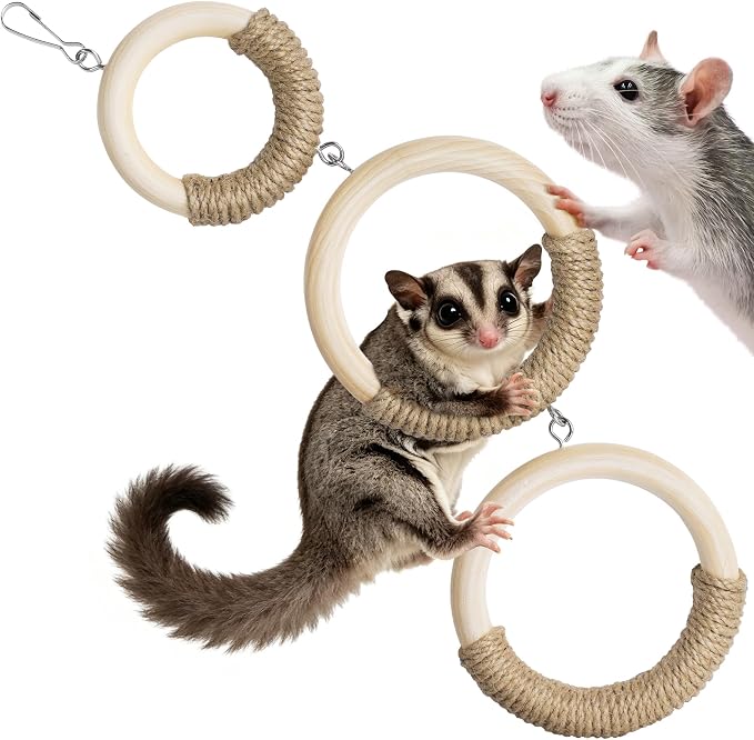 Mygeromon Sugar Glider Toys Climbing Ring Rat Cage Accessories | for Small Animal, Squirrel, Wood, Hanging, Enrichment Supplies