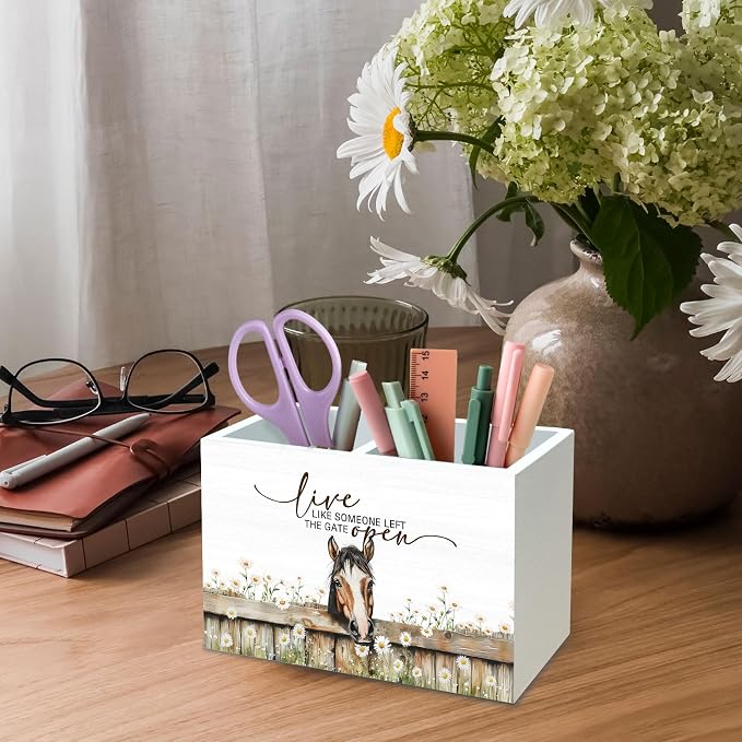 DILSJ Inspirational Horse 2 Compartment Pen Pencil Holder Organizer for Desk, Horse Gifts for Women, Live Like Someone Left The Gate Open Wooden Box Signs for Home Office Desk Tabletop Decoration