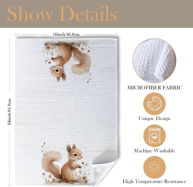 Squirrel Decor Kitchen Towels, Gifts for Squirrel Lovers Dish Tea Towels for Kitchen, Animal Lover Gifts Decorative Hand Towel for Kids Bathroom Decor, 16x24 Inch