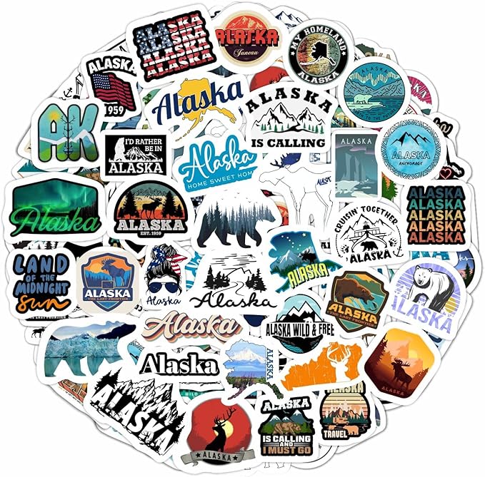 100Pcs Alaska Stickers for Water Bottles, Scrapbooking, Alaska Laptop Decals, Gifts for Women & Men