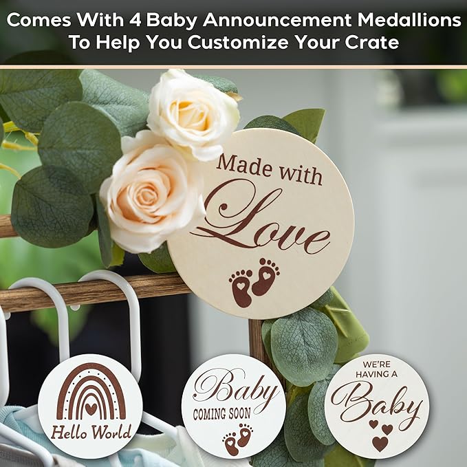 Wooden Baby Shower Crate Closet with Clear Acrylic Front - Customizable Wooden Crate Box with Dual Rod System, Easy Assembly Baby Baskets and Gift Display for Baby Shower (Burnt Wood)