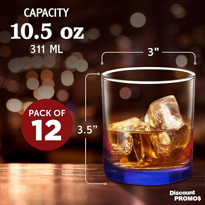 DISCOUNT PROMOS Lexington Rocks Whiskey Glass 10.5 oz, Set of 12, Bulk Pack - Perfect for Scotch, Bourbon, Whiskey, Cocktail - Blue