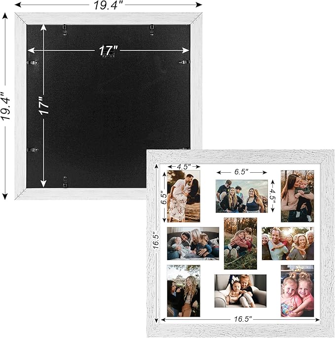 17x17 Picture Frame Display 9 opening 4X6 Picture Frame Collage,Multi Photo Frame with Mat,Plexiglass,Wall Mount Decor,Distressed White Wood Grain