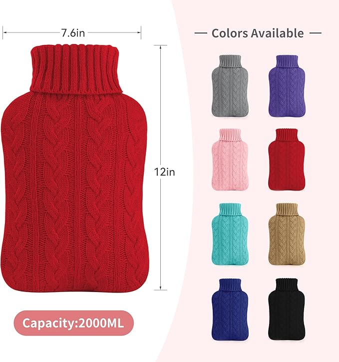 samply Hot Water Bottle with Knitted Cover, 2L Hot Water Bag for Hot and Cold Compress, Hand Feet Warmer, Ideal for Menstrual Cramps, Neck and Shoulder Pain Relief,Red