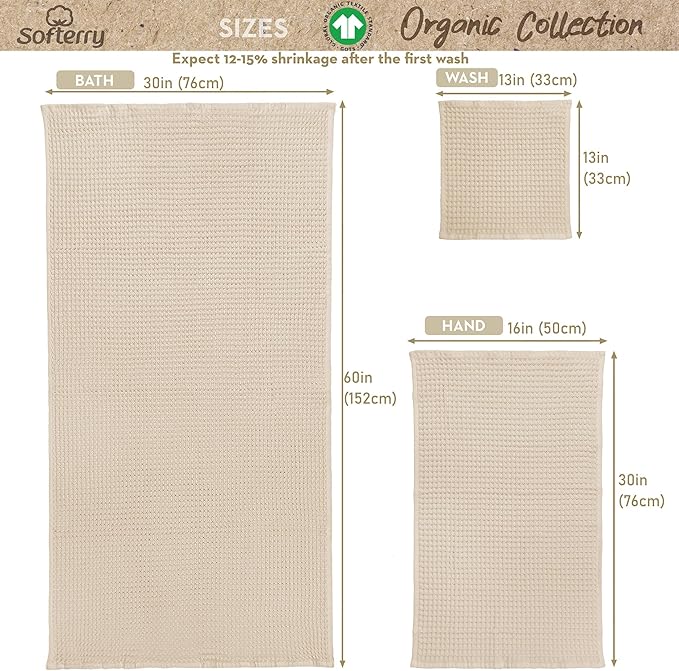 Softerry European Waffle Weave Bath Towel Set - 100% Organic Cotton - Quick Dry Lint Free Thin and Absorbent - Fade Resistant - Eco-Friendly (Set of 8, Natural)