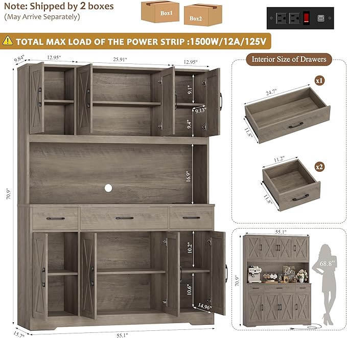 HOSTACK 71" Tall Pantry Cabinet with Charging Station, 55" Wide Kitchen Pantry Storage Cabinet with Countertop, Large Kitchen Hutch with Storage Drawers and Microwave Stand for Dining Room, Ash Grey