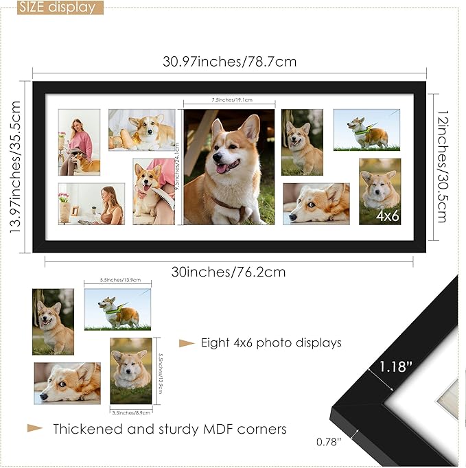 12x30 Collage Picture Frame Displays One 8x10 inch Photos and Eight 4x6 photos Collage Available Horizontal Wall Mounting Display and Vertical Black