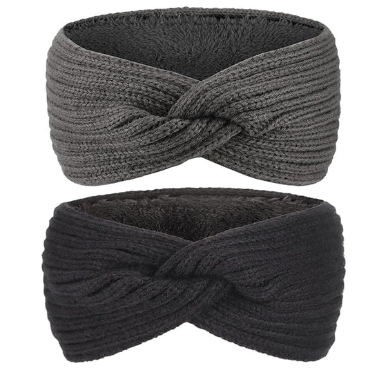 AQOKKA Knit Winter Headbands for Women Fuzzy Wool Fleece Lined Ear Warmers Elastic Turban Crocheted Head Wrap Winter Accessories for Women Cold Weather