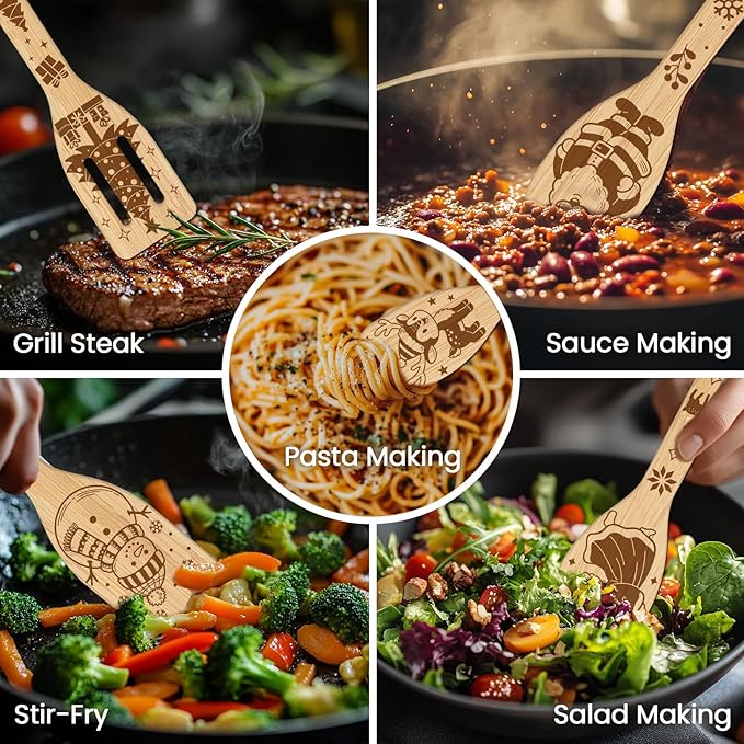 CUTHOLLOW 6PCS Christmas Wooden Kitchen Cooking Utensil Set, 11.9in Non Toxic Bamboo Wood Spoon Set for Cooking, Best Housewarming Birthday Thanksgiving Christmas Gift for Women Mother