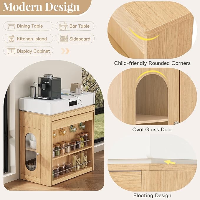 Amposei Kitchen Island with Extendable Dining Table & Power Outlet, 58’’ Breakfast Bar Coffee Station Sideboard Glass Door Storage Cabinet with Drawers, Natural & Creamy White