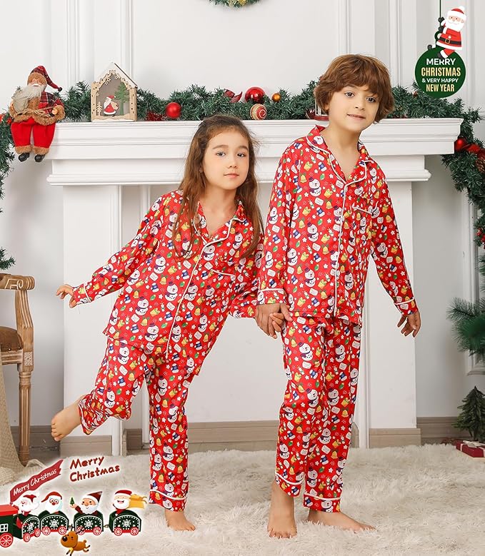 ANGELGGH Family Christmas PJs Matching Sets 2 Pcs Festival Party Pajamas Holiday Warm Sleepwear Couples Button Loungewear