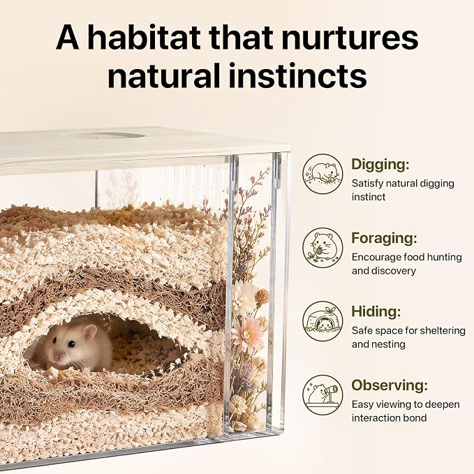 Fully Detachable Hamster Digging Box, Removable Acrylic Panels & Wooden Lid, Extra Deep Clear Panoramic Burrow, Dual-Side DIY Habitat, L Size for Syrian Hamsters, Gerbils, Degus