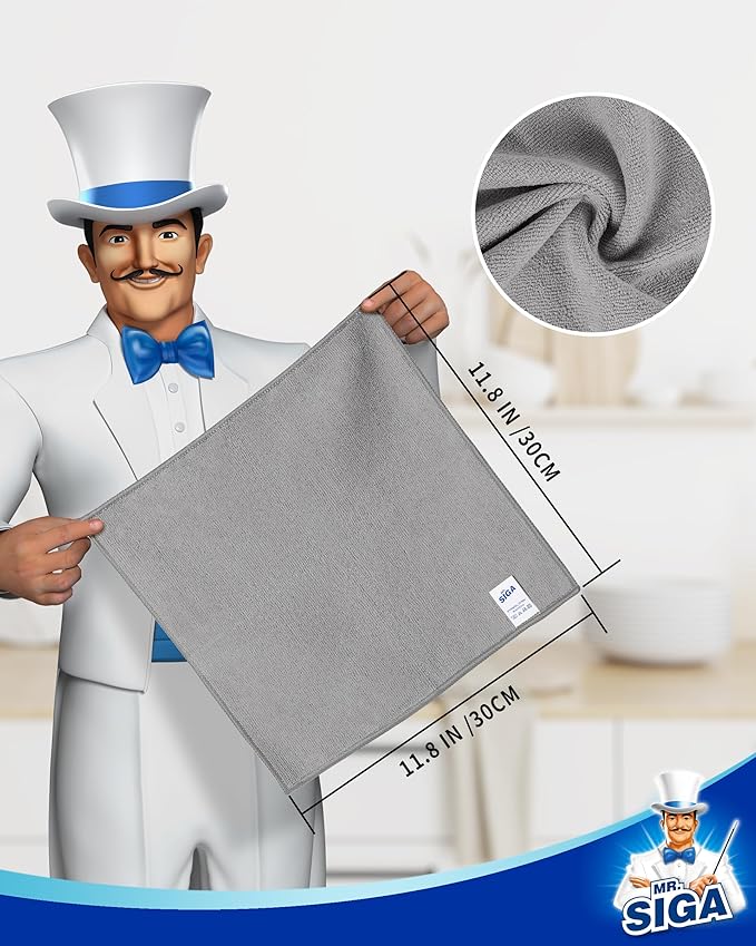 MR.SIGA Microfiber Cleaning Cloth, All-Purpose Microfiber Towels, Streak Free Cleaning Rags, Pack of 15, Gray, Size 30 x 30 cm(11.8 x 11.8 inch)