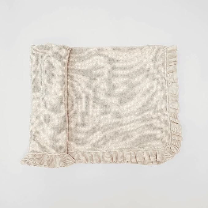 Ruffle Knit Blanket for Baby - 100% Luxury Soft Cotton Knit Warm Cozy Cuddle Stroller Crib Blanket for Newborns, Infants, & Toddlers (Beige)