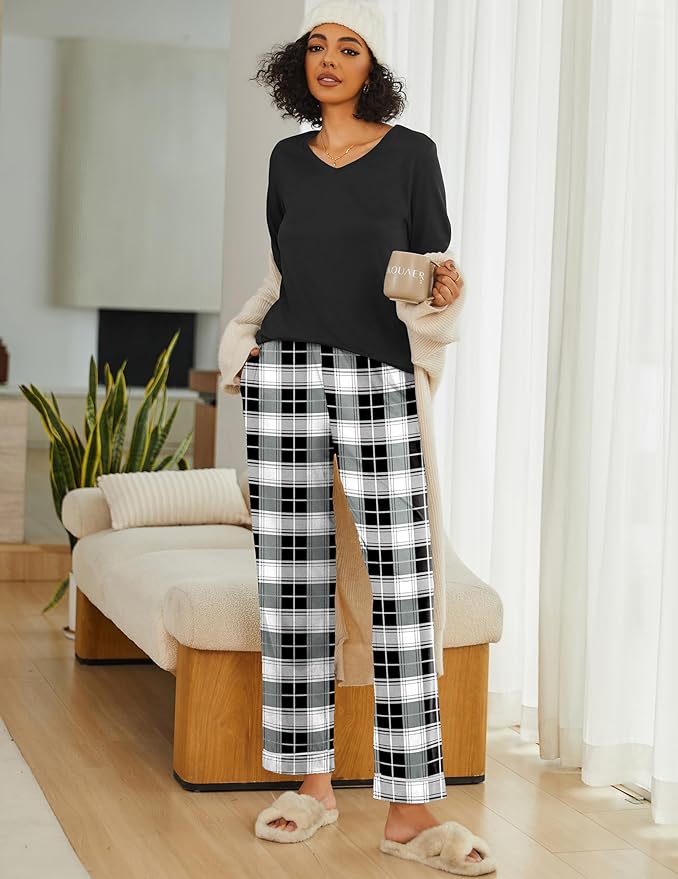 Ekouaer Womens 2 Pack Pajama Set Long Sleeve Pajamas Top and Pants V Neck Pjs Set Soft Loungewear with Pockets