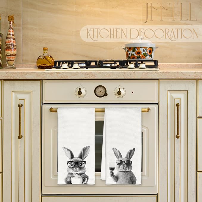 Funny Bunny Kitchen Towels Set of 2, Funny Kitchen Decor, Coffee Station Wine Bar Decor, Black and White Bunny Owner Gift Hand Towel, Dining Room Decorative Tea Towel Dish Towels 16x24 Inch