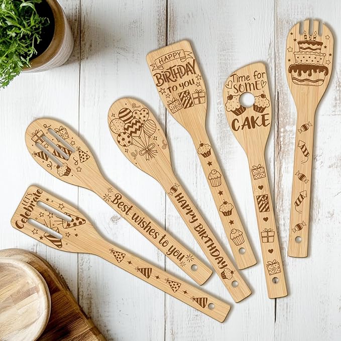 CUTHOLLOW 6PCS Happy Birthday Wooden Kitchen Cooking Utensil Set, 11.9in Non Toxic Bamboo Wood Spoon Set for Cooking, Best Housewarming Birthday Thanksgiving Christmas Gift for Women Mother
