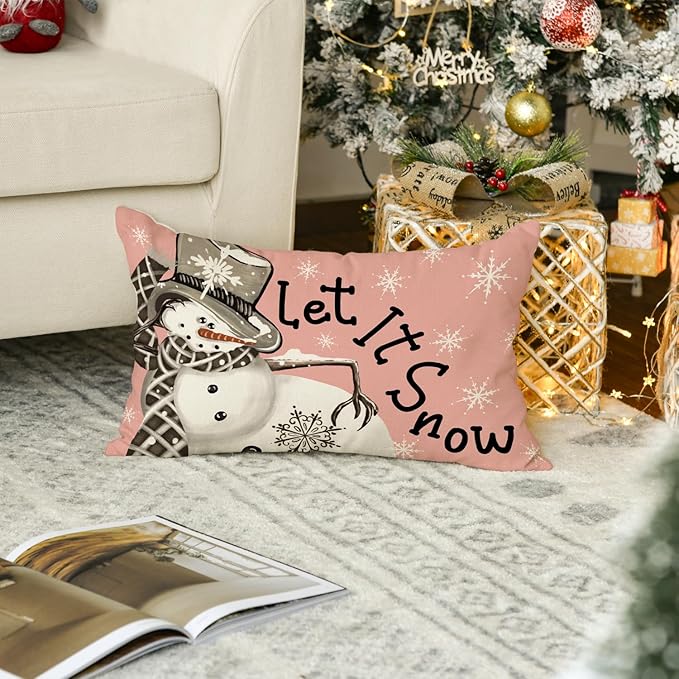 AVOIN colorlife Christmas Winter Snowman I Smell Snow Throw Pillow Cover, 12 x 20 Inch Winter Holiday Pink Cushion Case Decoration for Sofa Couch