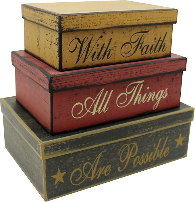 CVHOMEDECO. Primitives Vintage Rectangular Cardboard Nesting Boxes With Faith All Things Are Possible for Photos Memories Keepsakes and Home Decor., Large 12 X 8 X 4 Inch. Set of 3.