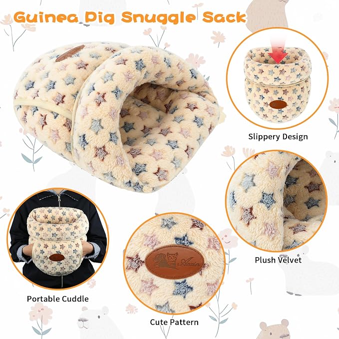 YUEPET Guinea Pig Bed, Warm Fleece Slipper Cuddle Cave, Brown Star | Cozy Guinea Pig House, Portable Guinea Pig Hideout, Thick Coral Fleece, Washable Cushion, Folds Flat for Storage