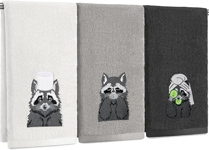 3 Pcs Raccoon Gifts Hand Towels for Bathroom Decorative | Funny Retro Raccoon Bathroom Decor, 100% Cotton Embroidered Towels for Women Kitchen Decor, 13. 3 x 29. 5''
