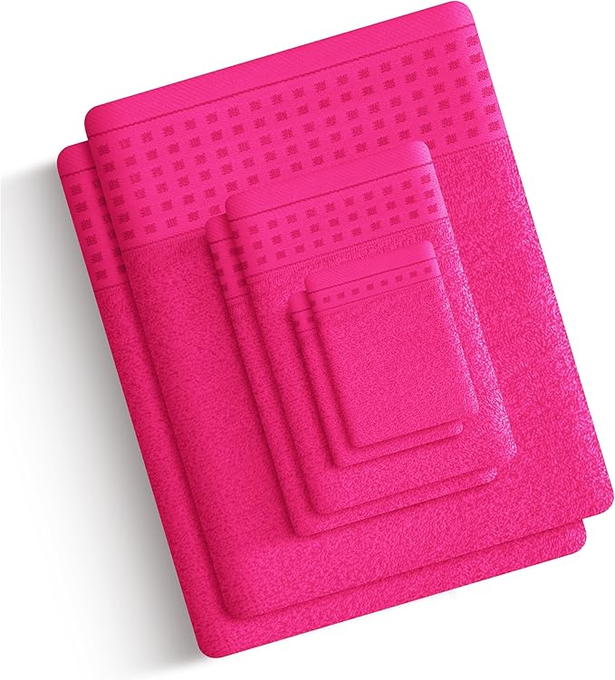 GLAMBURG Towels for Bathroom, 100% Cotton Towel Set, Contains 8 Soft Bath Towel, 8 Hand Towels, 8 Wash Cloths - Compact Absorbent Lightweight & Quickdry - 24 Piece Bathroom Towel Set - Hot Pink
