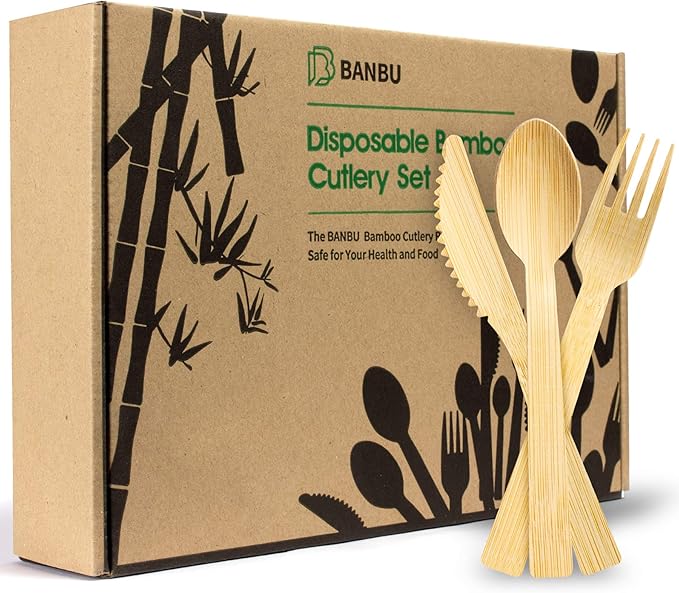 Bamboo Utensils Set Disposable-150PK 6.7” (60 Forks 60 Knives 30 Spoons) Eco Friendly Natural Biodegradable Compostable Bamboo Cutlery Travel Disposable Knives Spoons and Forks Set