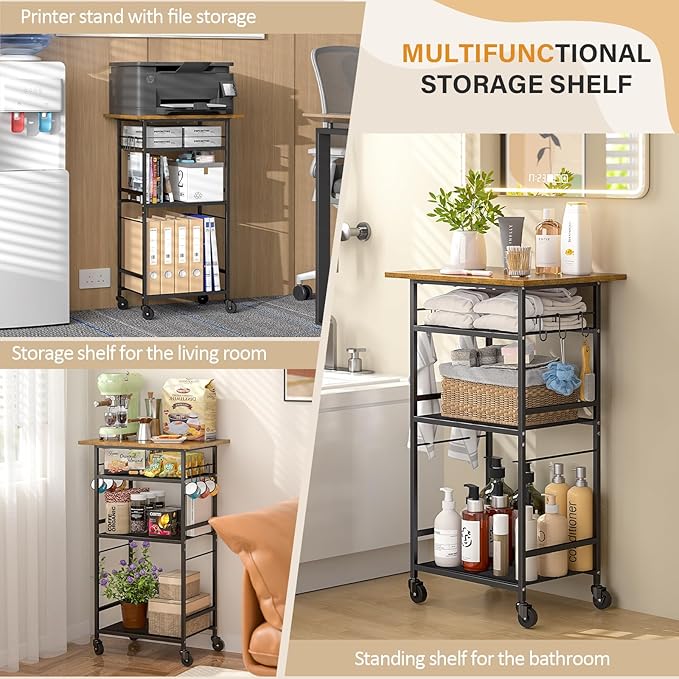 ThreeHio Rolling Kitchen Microwave Cart, 4 Tier Microwave Table Stand with Storage, Kitchen Storage Rack on Wheels, Coffee Station Cart Rack Shelf Organizer for Living Room Office, Balcony