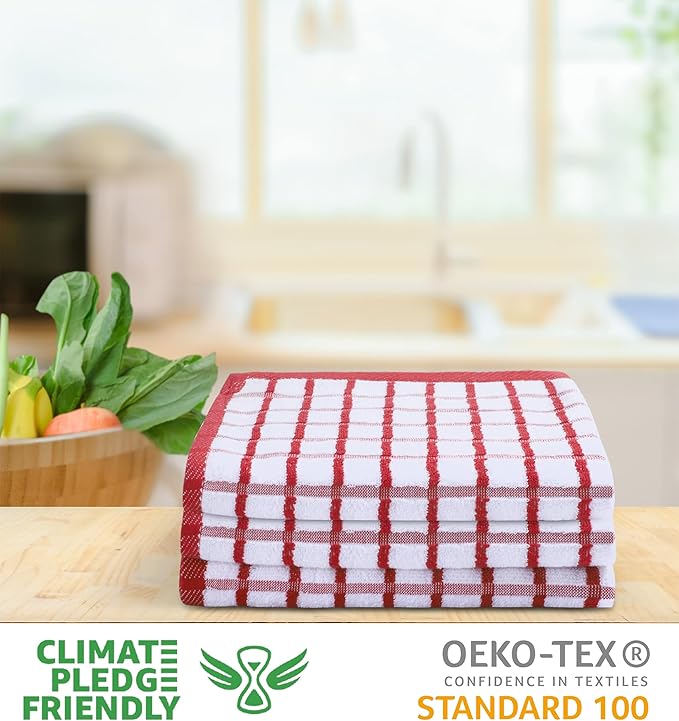 Urban Villa Kitchen Towels Red/White Set of 3 Terry Kitchen Towels 100% Cotton Ultra Soft Size 20X30 Inches Highly Absorbent Over Sized KitchenTowels with Hanging Loop KitchenTowels