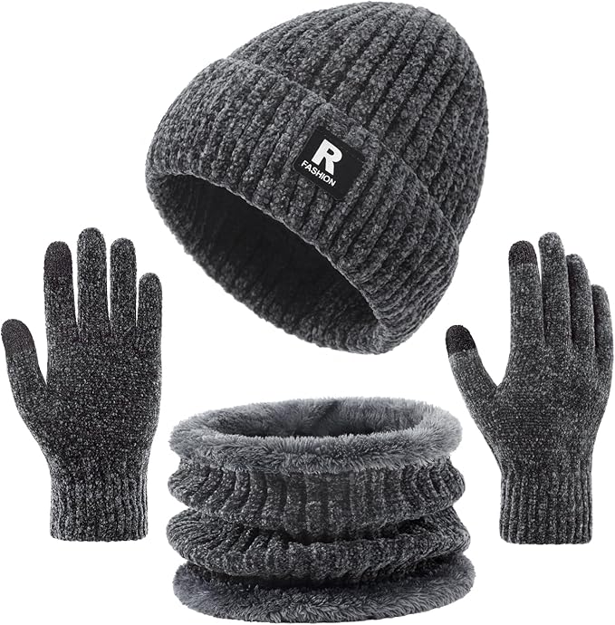 Winter Beanie Hat Circle Scarf Gloves Set for Men Women, Thick Warm Chenille Skull Cap Touchscreen Gloves Neck Warmer
