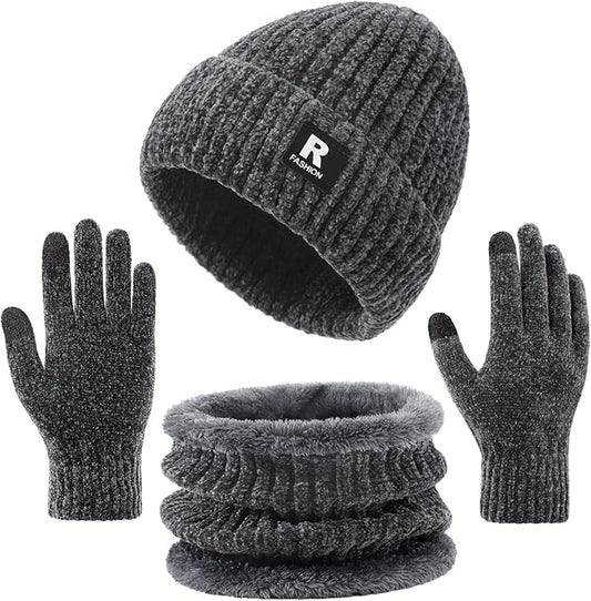 Winter Beanie Hat Circle Scarf Gloves Set for Men Women, Thick Warm Chenille Skull Cap Touchscreen Gloves Neck Warmer