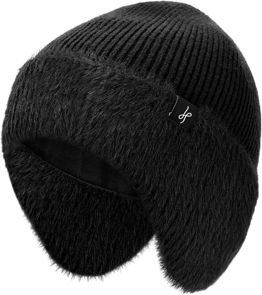 Winter Fleece-Lined Beanie with Earflaps, Warm Windproof Unisex Beanie Hat for Skiing, Hiking & Outdoor Winter Sports